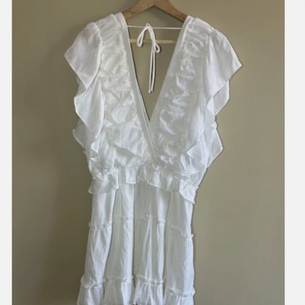 Pookie & Sebastian White Tiered Ruffle Dress Size Medium Crossover Sorority Rush - Picture 8 of 10